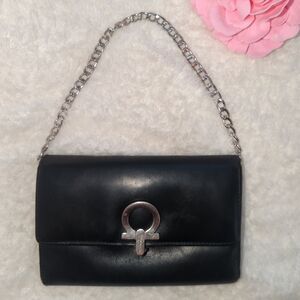 Salvatore Ferragamo Gancini Black Leather Clutch with Silver Chain Authentic